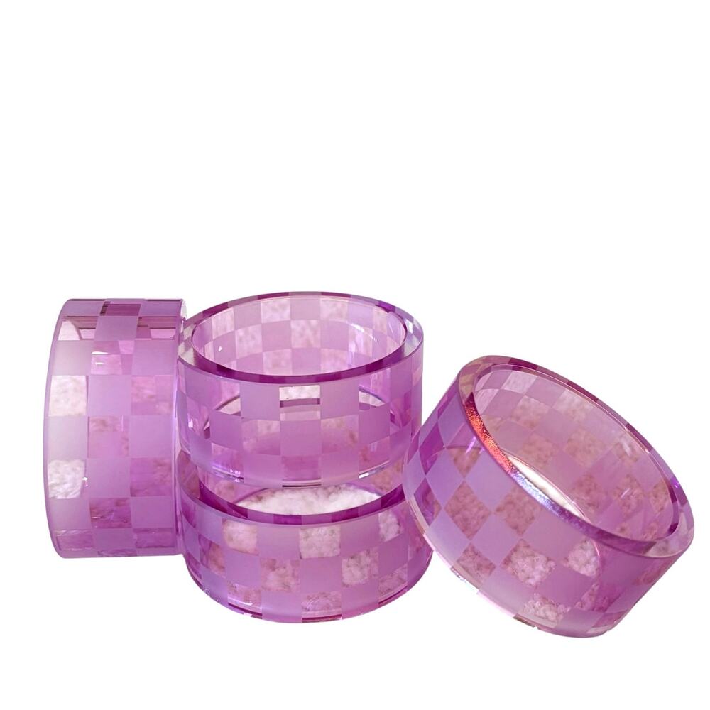 NEW Mackenzie-Childs Lavender Check Glass Napkin Rings, Set of 4